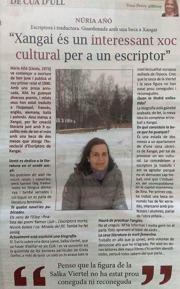 Entrevista Núria Añó Xangai és un interessant xoc cultural per a un escriptor | premsa