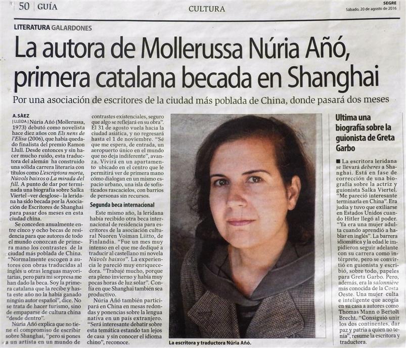 La escritora Núria Añó, primera catalana becada en Shanghái
