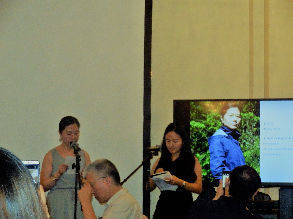 Chinese writer Wang Anyi reading at the Shanghai Writers' Association in China
